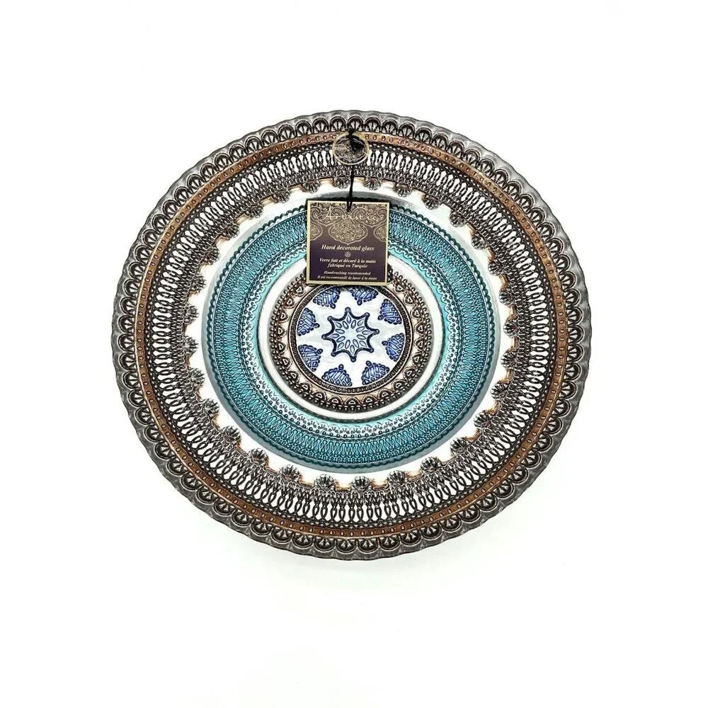 Turkish Glass Round Bowl Dinner Blue Silver Brown Lace Print 13.5